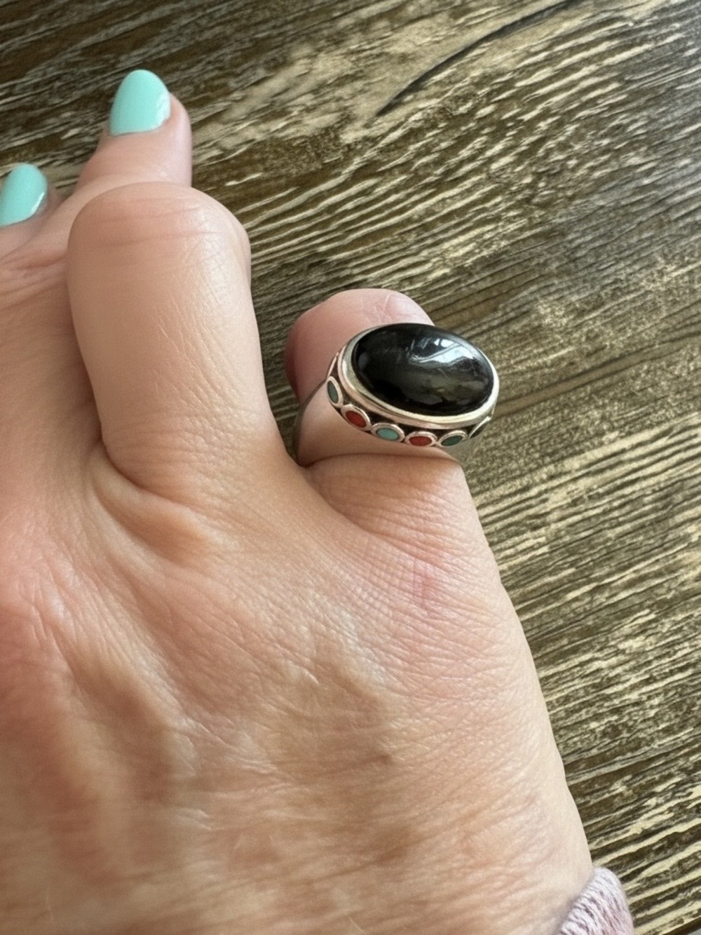 Vintage Sterling Silver Cabochon Onyx and Multi-Stone Inlay Ring. SZ  6.75 - Picture 9 of 17